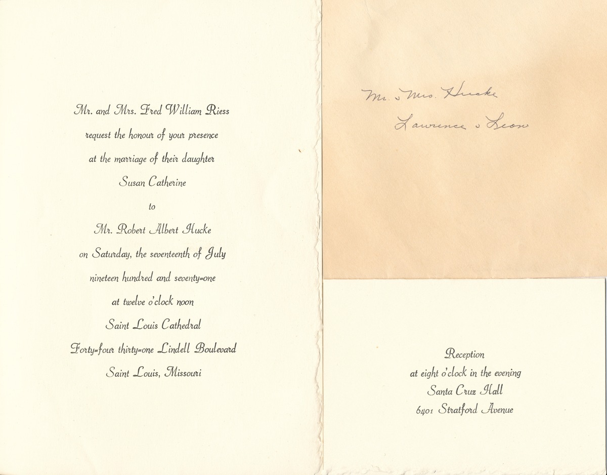 Wedding Invitation, Robert A Hucke and Susan C. Riess, 1971